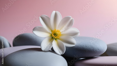 spa stones with white flower, zen balance stones, Spa massage, aroma beauty therapy, natural alternative, Ayurvedic, relaxation concept abstract copy space background image