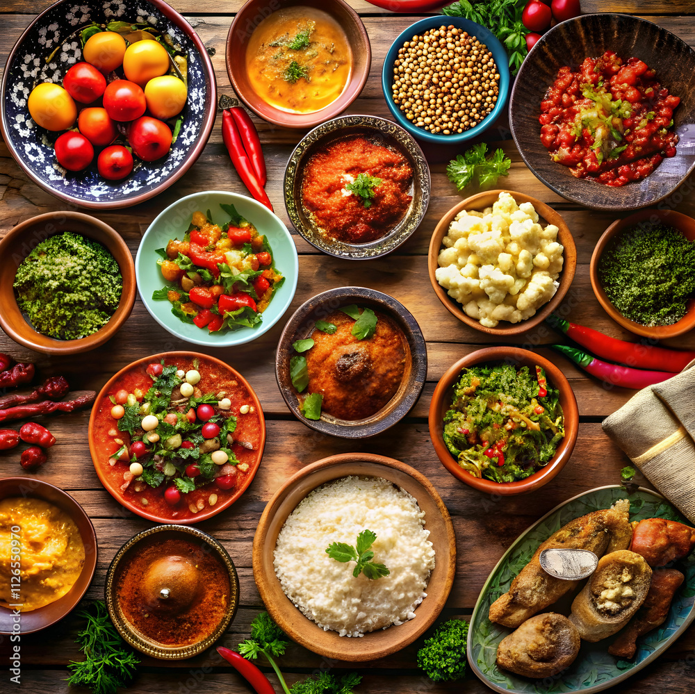 A beautifully arranged table showcases a variety of traditional dishes from different cultures A beautifully arranged table showcases a variety of traditional dishes from different cultures