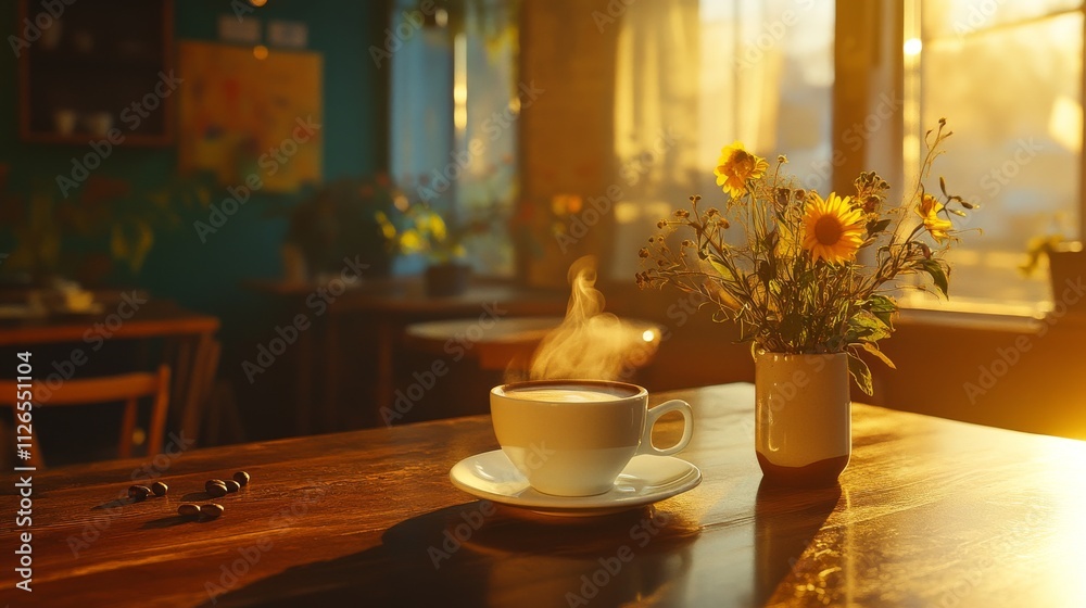 Fototapeta premium artisanal coffee moment, golden hour lighting, authentic cafe setting, white porcelain cup and saucer, organic coffee bean arrangement, nostalgic mood, rustic wooden elements, morning steam effects,