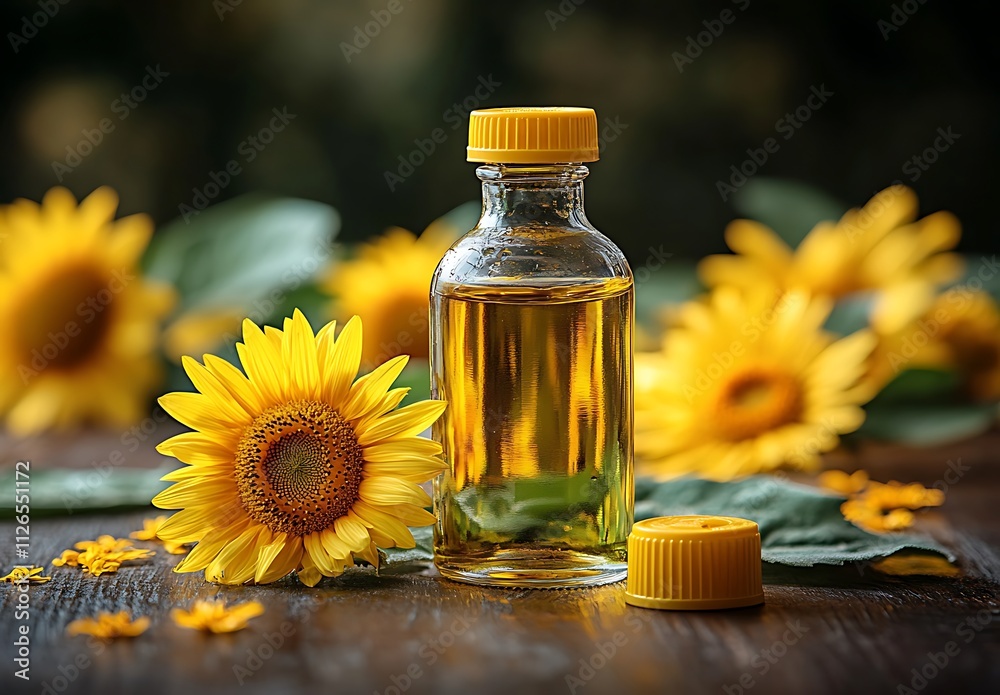 Sunflower Oil Bottle with Blooming Sunflowers Sunflower Oil Bottle with Blooming Sunflowers