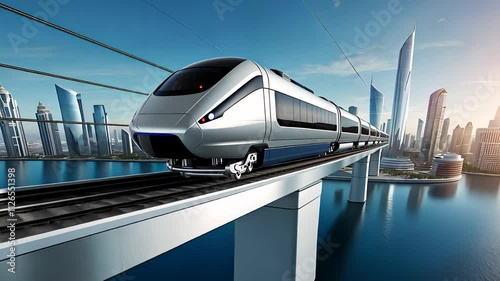 Modern High-Speed Train Crossing an Elevated Bridge in a Futuristic Urban Skyline with Reflective Waters

 photo