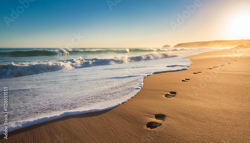 Huellas de pies sobre la arena en un paisaje de mar al atardecer junto a la orilla 