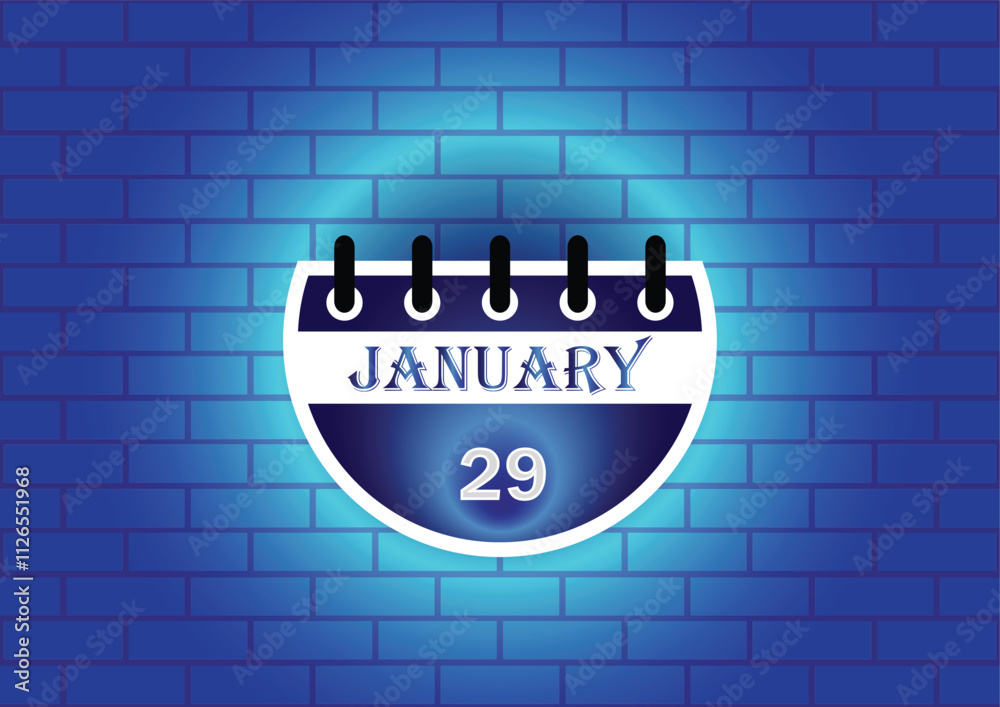 Obraz premium January 29 calendar sign on blue neon brick wall background. Flat design style. Date, day and month. Vector illustration.
