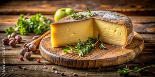 Macro Photography of Saint Nectaire Cheese, Capturing its Rich Texture and Flavorful Aroma in a Rustic Setting, Ideal for Gourmet Food Lovers and Cheese Enthusiasts photo