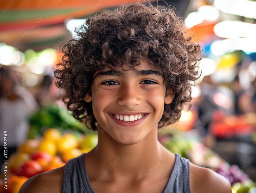 smiling boy at a vibrant market with fresh produce smiling boy at a vibrant market with fresh produce