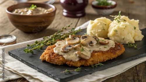 Hearty Jägerschnitzel Served with Creamy Mashed Potatoes and Mushroom Sauce