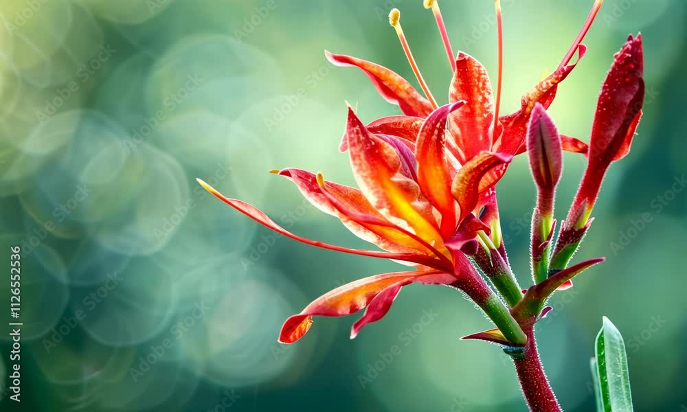 Close-up of vibrant red flower with bokeh background and green foliage