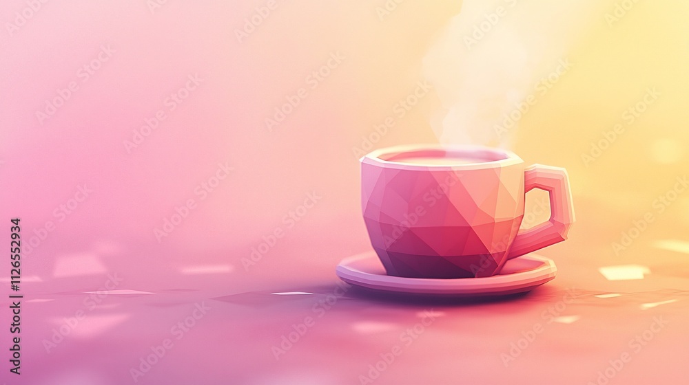 Low-poly coffee cup with steam on pastel background. Low-poly coffee cup with steam on pastel background.