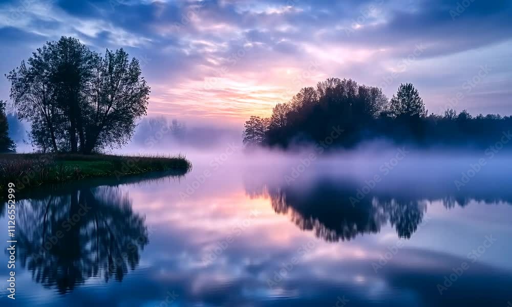 Serene Sunrise over Misty Lake with Tree Reflections Serene Sunrise over Misty Lake with Tree Reflections