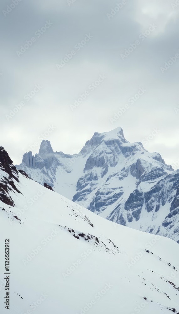This breathtaking image captures the majestic beauty of a snow-capped mountain range bathed in the warm glow of sunrise. The rugged peaks, illuminated by the golden light, create a sense of awe.