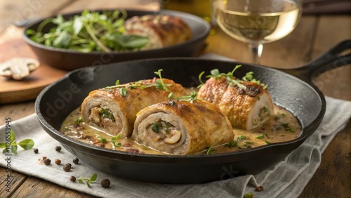 Pork Rouladen Served in Cast Iron Skillet with Fresh Greens