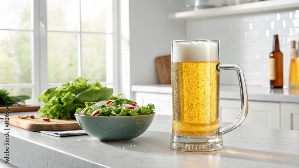 Sleek Modern Glass Mug With Refreshing Beer and Fresh Salad Sleek Modern Glass Mug With Refreshing Beer and Fresh Salad