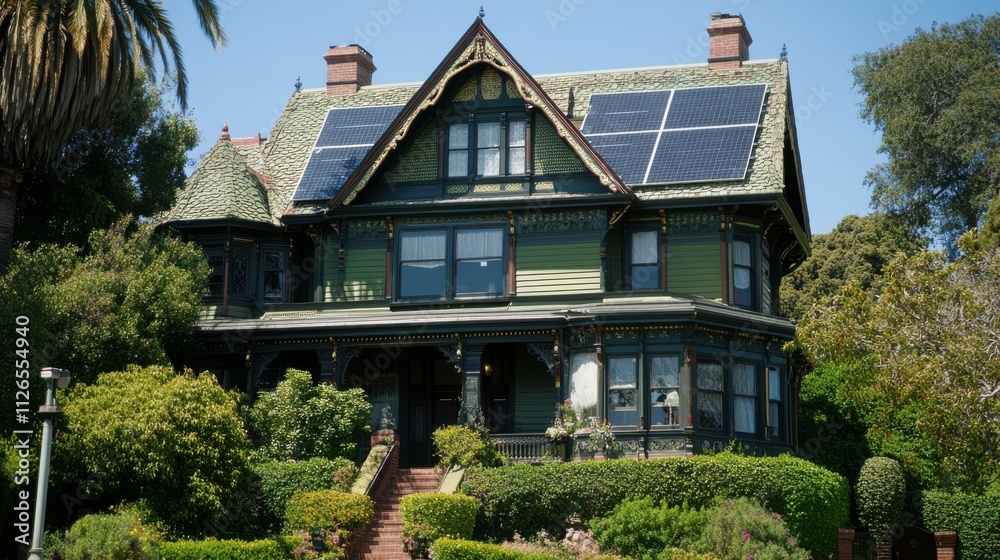 Eco-friendly solar panels line the roof of a vintage home, symbolizing sustainable living and energy efficiency. Eco-friendly solar panels line the roof of a vintage home, symbolizing sustainable living and energy efficiency.