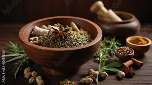 Traditional chinese medicine with herb and spices in brown wooden background mortar and pestile , a bowl of medicine for advertising , photography traditional content photo