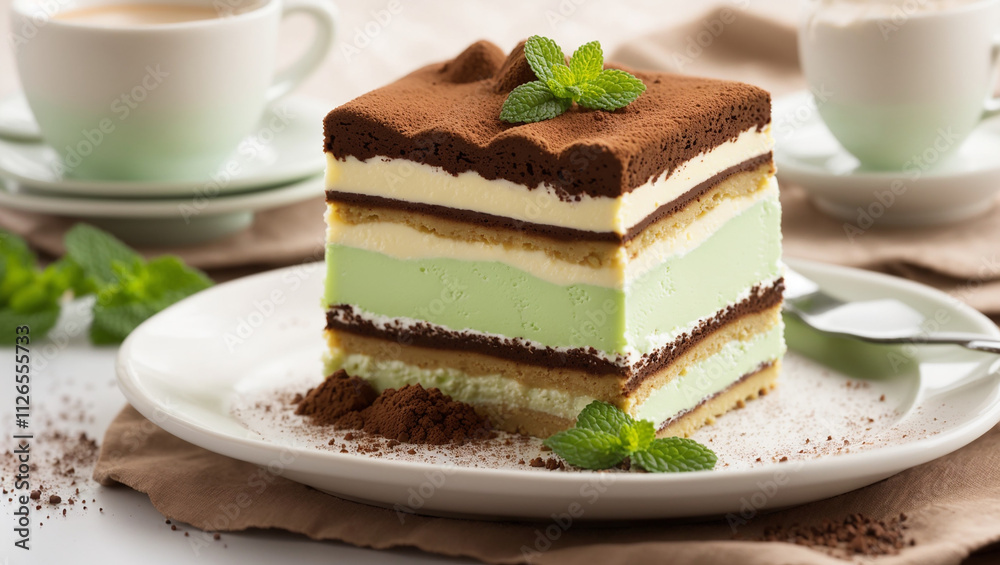 A slice of layered mint chocolate cake on a plate, with cocoa powder, mint leaves, and coffee cups. A slice of layered mint chocolate cake on a plate, with cocoa powder, mint leaves, and coffee cups.