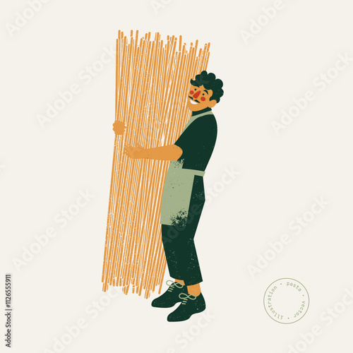 Man character holding a big bunch of spaghetti pasta. Italian pasta recipe. Retro style illustration. Vector illustration