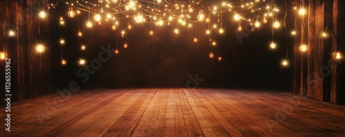 Empty stage with warm multiple festive lights overhead
