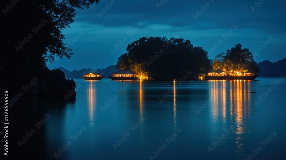 Fototapeta premium serene night view of illuminated islands on calm water