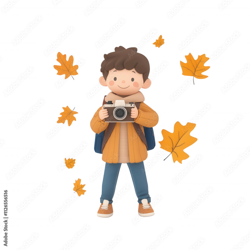 A cheerful child holding a camera amidst falling autumn leaves., isolated on a transparent background. A cheerful child holding a camera amidst falling autumn leaves., isolated on a transparent background.