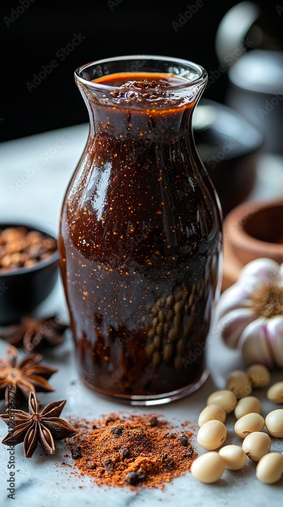 bottle rich hoisin sauce showcases its glossy texture surrounded fresh soybeans garlic five spice powder and star anise white background. bottle rich hoisin sauce showcases its glossy texture surrounded fresh soybeans garlic five spice powder and star anise white background.