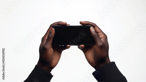 Close-up of Hands Holding a Smartphone; Modern Technology in Action; Digital Communication; User Interface; Black Screen; Mobile Device; Portable Technology; Contemporary Gadget; Elegant Design photo