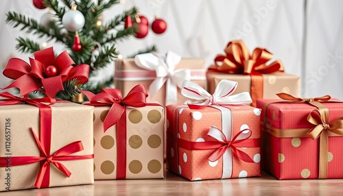 A festive arrangement of beautifully wrapped gifts beside a decorated Christmas tree.