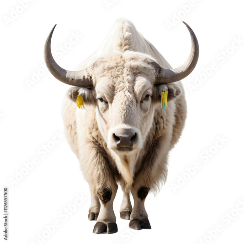 Majestic White Yak Facing Forward Against Transparent Background photo