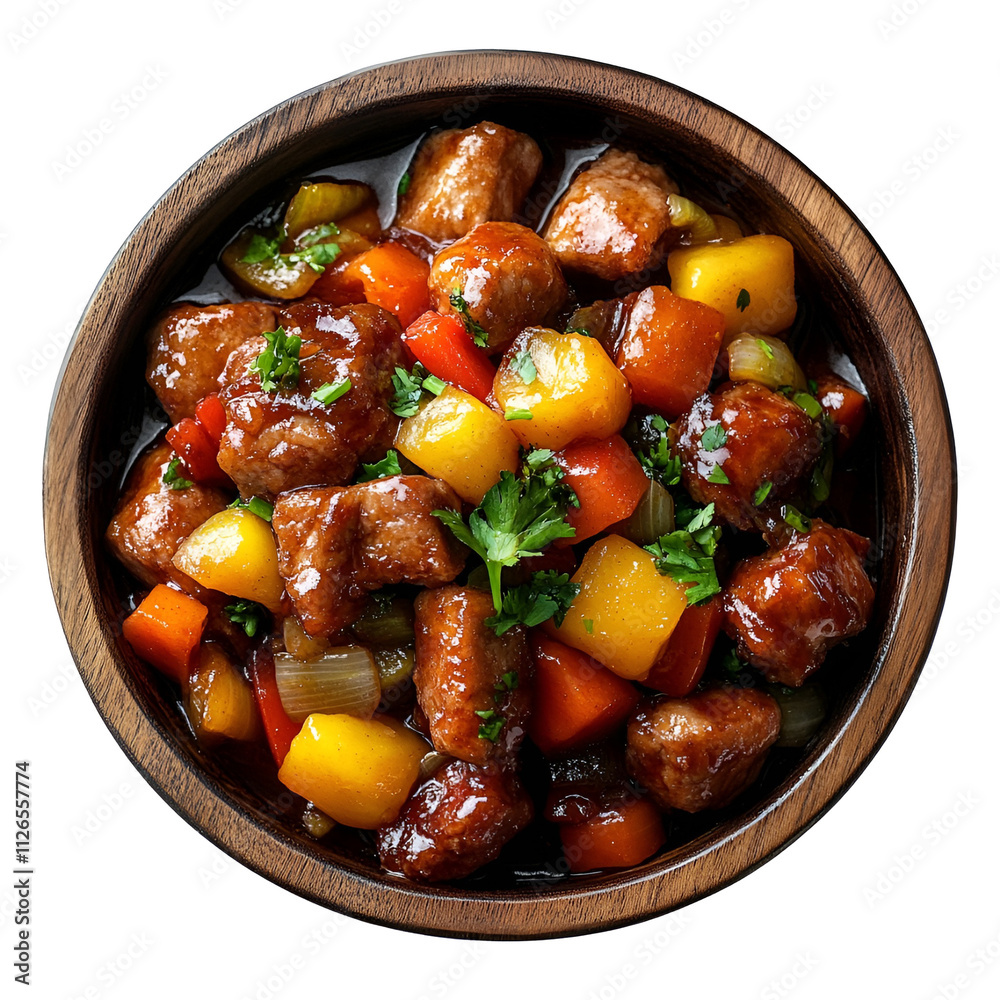 Top view close-up of extremely perfect looking Sweet and Sour Pork on a wooden tray isolated on a white transparent background Top view close-up of extremely perfect looking Sweet and Sour Pork on a wooden tray isolated on a white transparent background