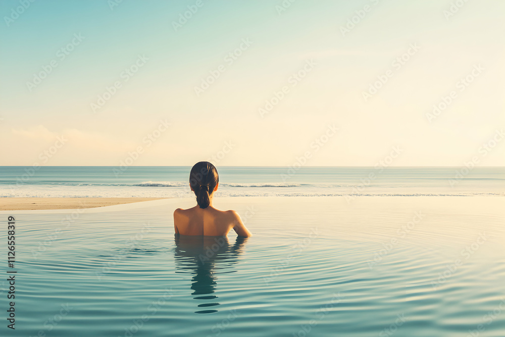 Serene woman relaxing in infinity pool overlooking tranquil ocean;  peaceful beach vacation.