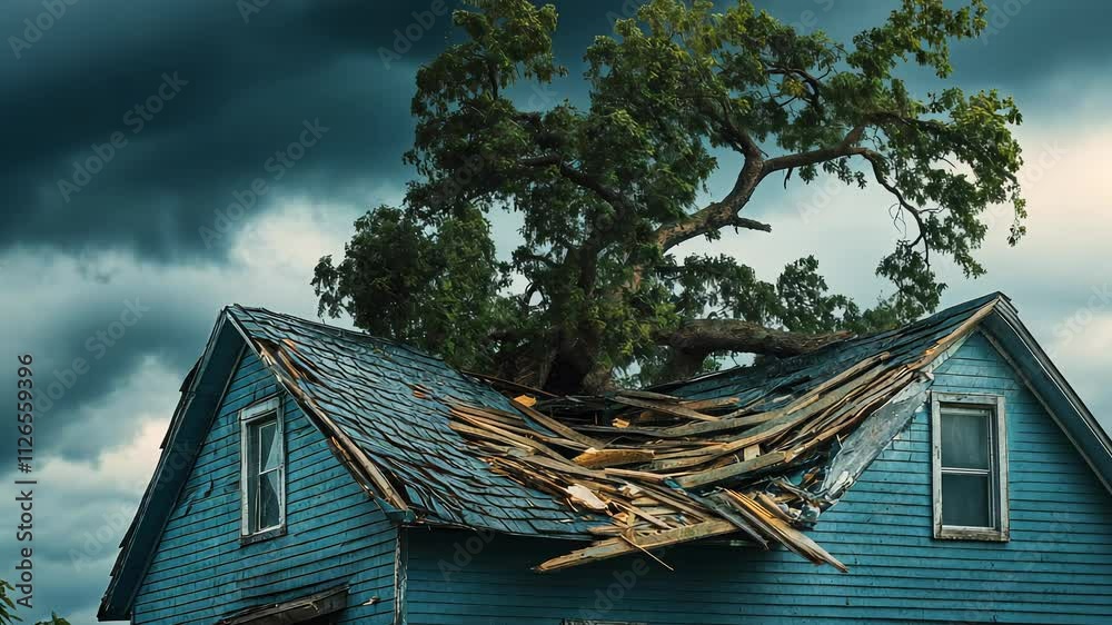 Damaged house with fallen tree on roof under stormy sky, natural disaster scene, destruction and repair concept