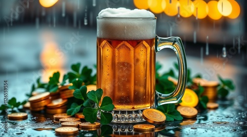 Beer mug surrounded by coins and clovers, celebrating St. Patrick's Day with a festive atmosphere
