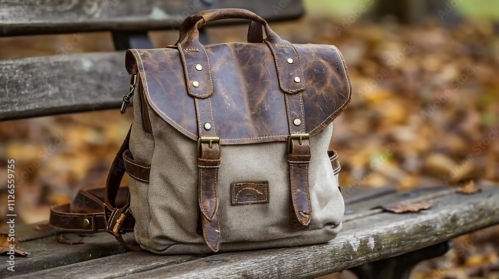 Leather and canvas backpack on park bench. Leather and canvas backpack on park bench.