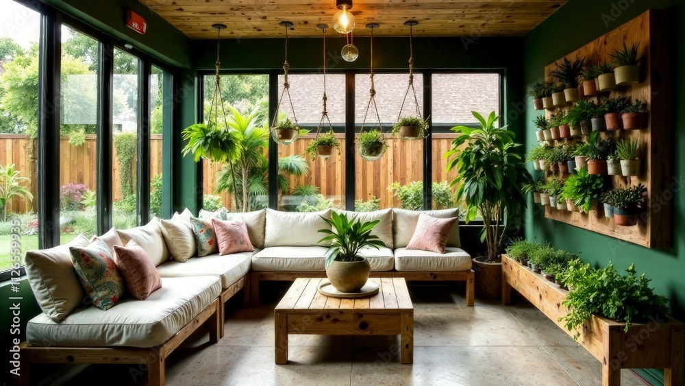 Fototapeta premium A green-focused garden room with reclaimed wood furniture, including a wide bench topped with neutral cushions. Hanging terrariums and macramé planters are suspended from the ceiling