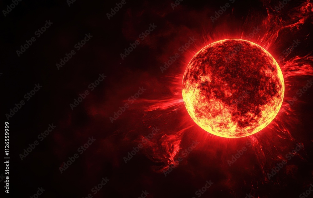 Red sun, glowing with intense light and energy against a black background. Space, universe concept. Red sun, glowing with intense light and energy against a black background. Space, universe concept.