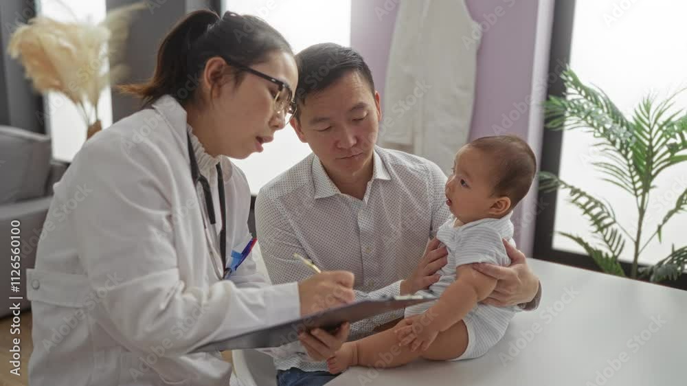 Doctor taking notes while father holds baby in hospital room, showcasing a caring pediatrician interacting with family indoors.