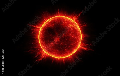 Red sun with glowing rays on a black background, a cosmic concept of solar flares and fusion energy.
