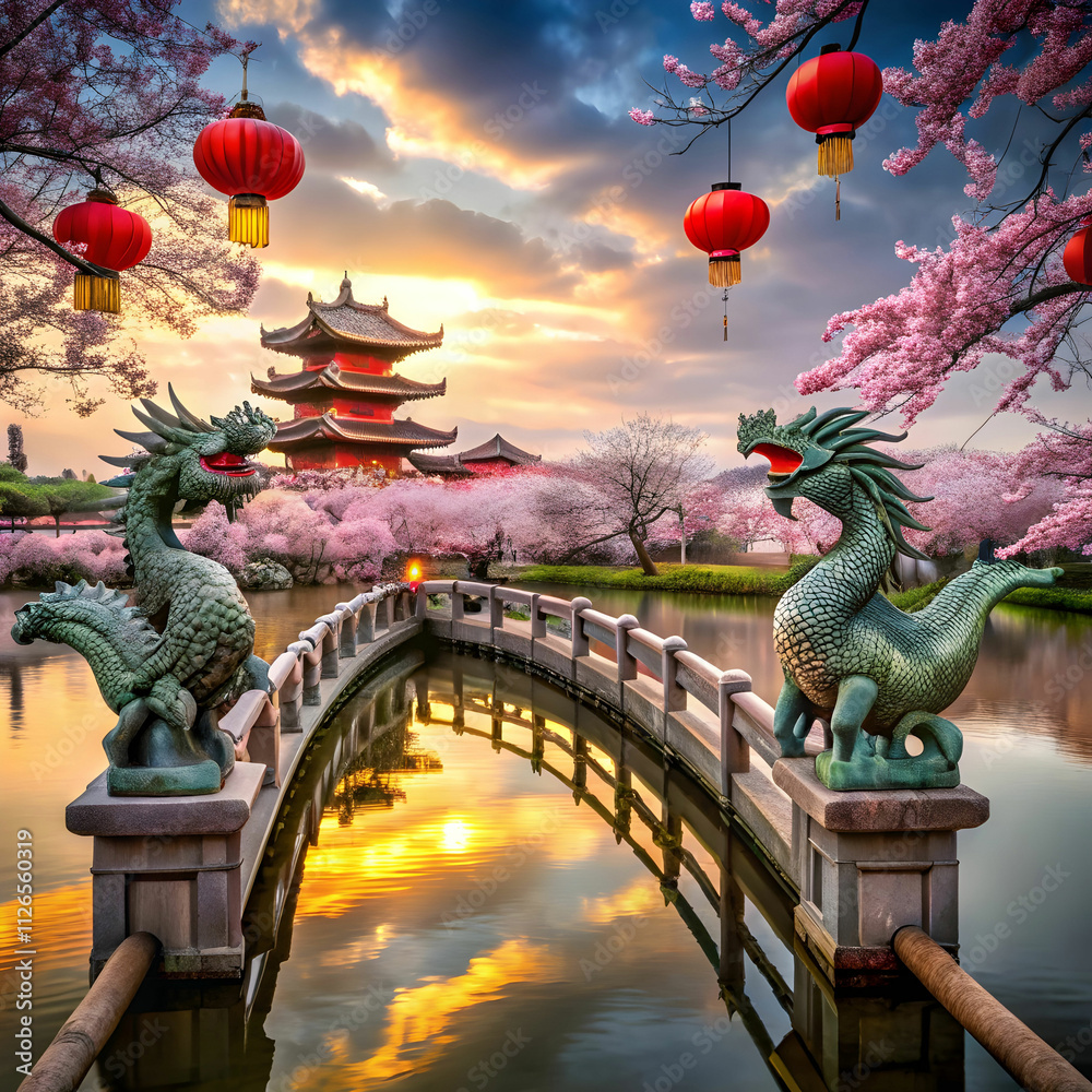 Fototapeta premium Twin dragon statues stand majestically at a bridge entrance