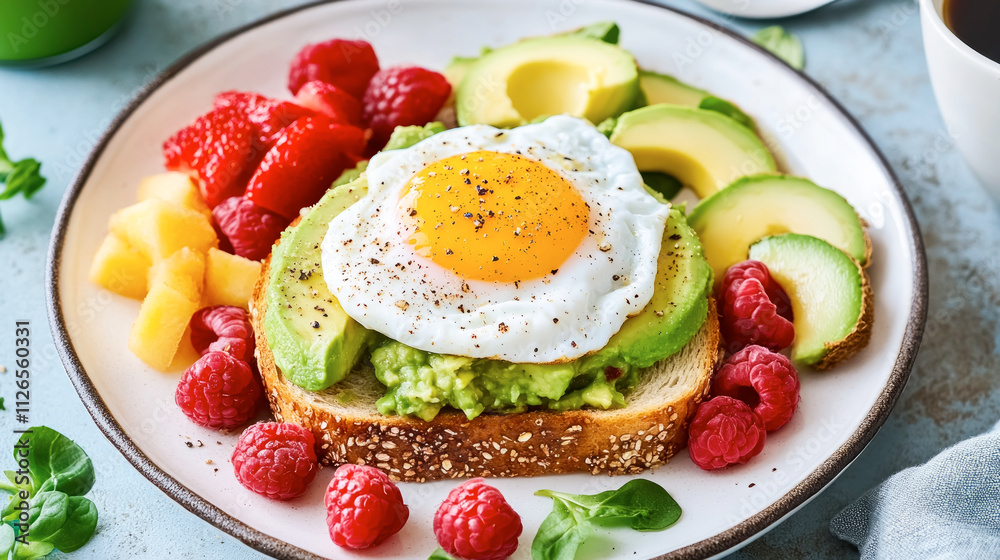 Colorful breakfast spread with avocado toast, poached egg, fresh fruit, and coffee in a sunlit setting Colorful breakfast spread with avocado toast, poached egg, fresh fruit, and coffee in a sunlit setting