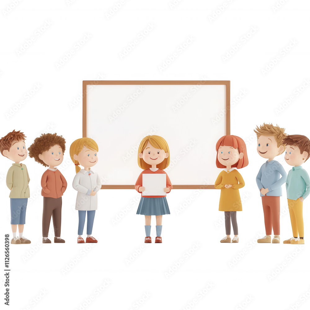 A group of children presenting a project in front of a blank whiteboard., isolated on a transparent background.
