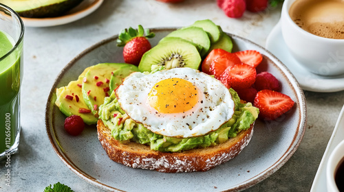 Vibrant breakfast spread showcasing delicious avocado toast topped with a perfectly poached egg, accompanied by fresh fruit, smoothie, and rich coffee