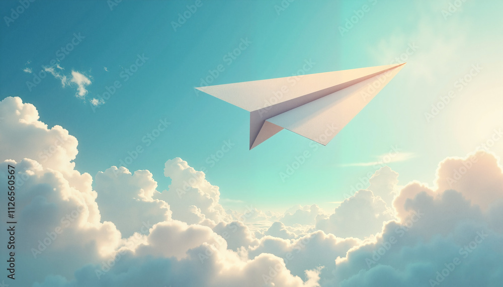 Elegant paper airplane soaring through fluffy clouds in a blue sky for dreams and aspirations Elegant paper airplane soaring through fluffy clouds in a blue sky for dreams and aspirations