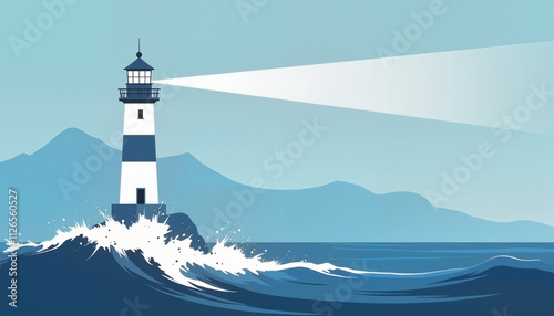 Illustration of a lighthouse with waves and mountains on a blue background for coastal themes photo