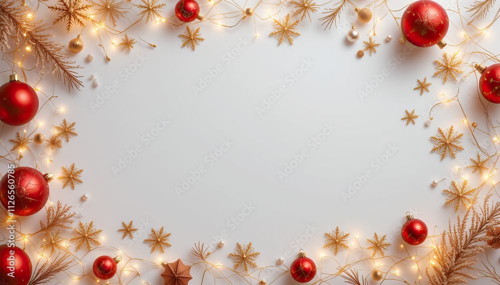 White background framed with golden stars red baubles sparkling pine sprigs and festive Christmas decorations White background framed with golden stars red baubles sparkling pine sprigs and festive Christmas decorations