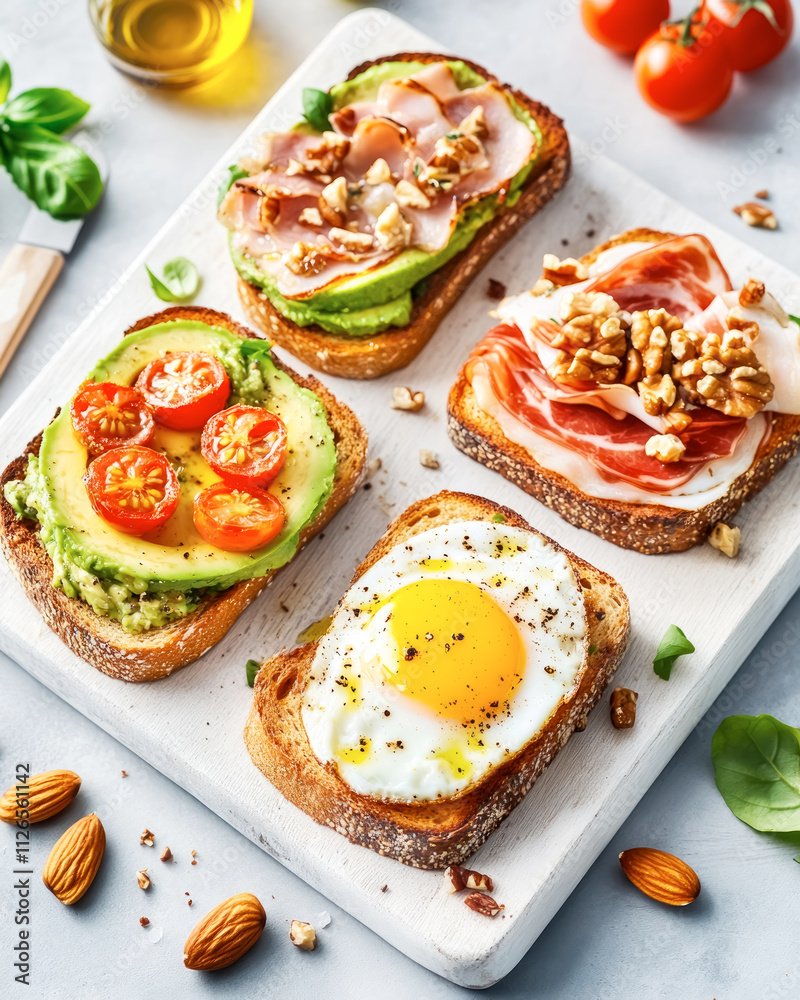 Elevating the breakfast experience with a variety of deliciously topped toast featuring avocado, egg, ham, and cherry tomatoes on a rustic wooden board in a sunlit kitchen Elevating the breakfast experience with a variety of deliciously topped toast featuring avocado, egg, ham, and cherry tomatoes on a rustic wooden board in a sunlit kitchen