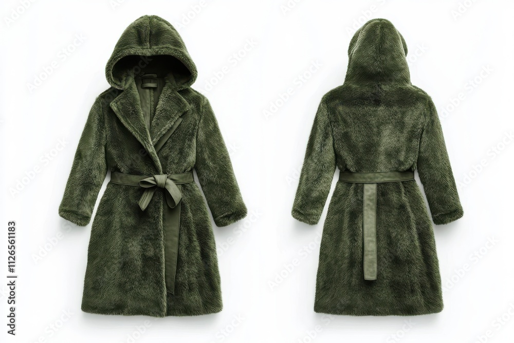Dark green faux fur coat with hood and belt, displayed in front and back views, made from synthetic materials, isolated on white background, perfect for branding and fashion industry use Dark green faux fur coat with hood and belt, displayed in front and back views, made from synthetic materials, isolated on white background, perfect for branding and fashion industry use