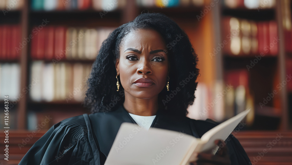 black female judge in courtroom reading verdict black female judge in courtroom reading verdict