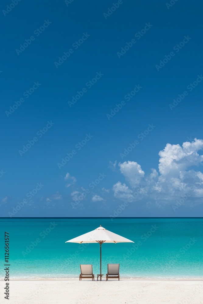 Two chairs under an umbrella on the white sandy shore with crystal-clear turquoise waters and a blue sky in the background. Two chairs under an umbrella on the white sandy shore with crystal-clear turquoise waters and a blue sky in the background.