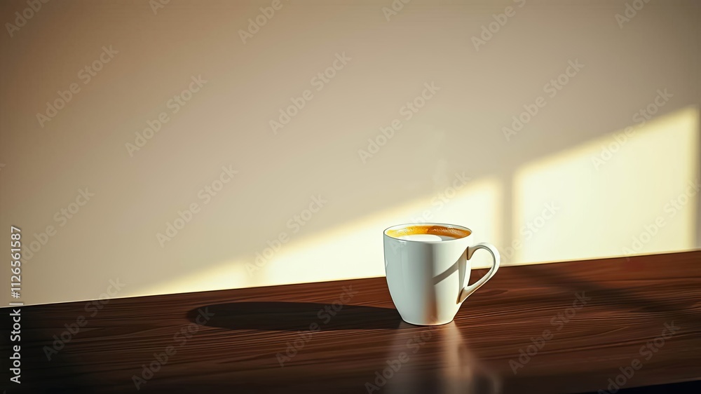Obraz premium Aromatic Coffee in a White Mug on a Dark Wood Table in Sunlight