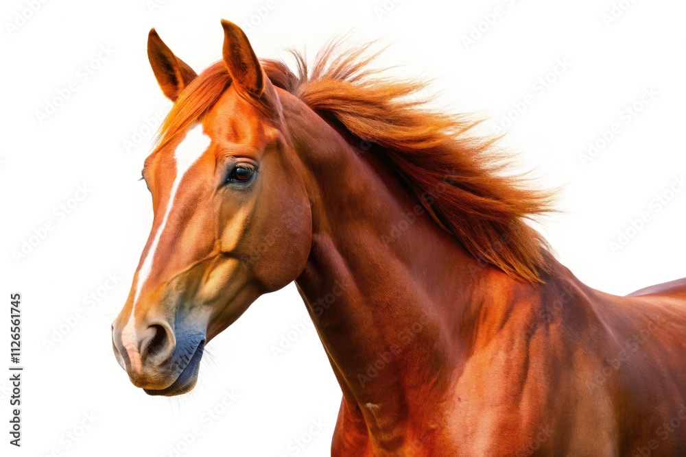 Fototapeta premium Red Horse Isolated White Background Stock Photo, Majestic Stallion Image, Fiery Chestnut Horse, Equine Photography, Horse Pictures
