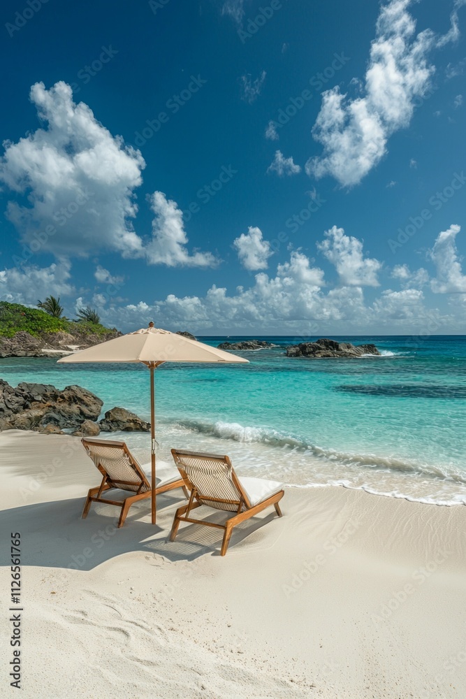 Two chairs under an umbrella on the white sandy shore with crystal-clear turquoise waters and a blue sky in the background. 